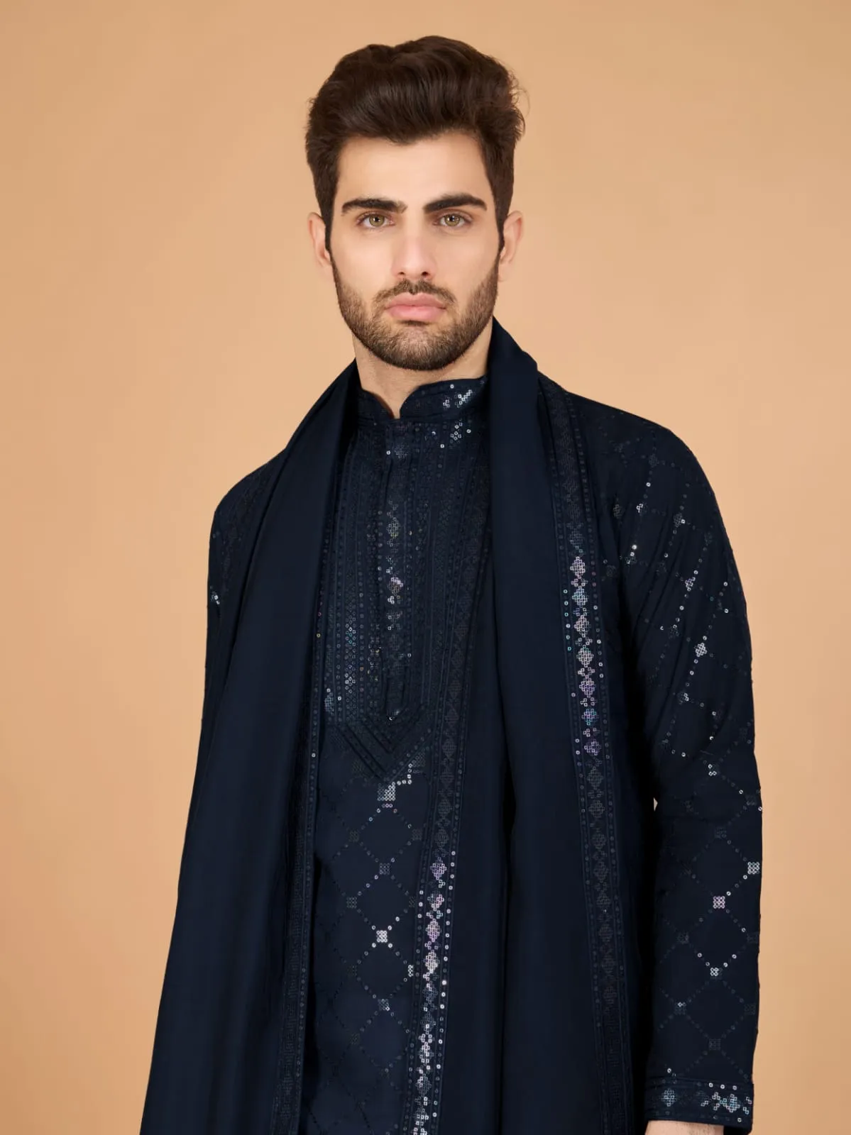 Nevy Blue Colour Viscose Silk Heavy Thread Work Kurta Payjama