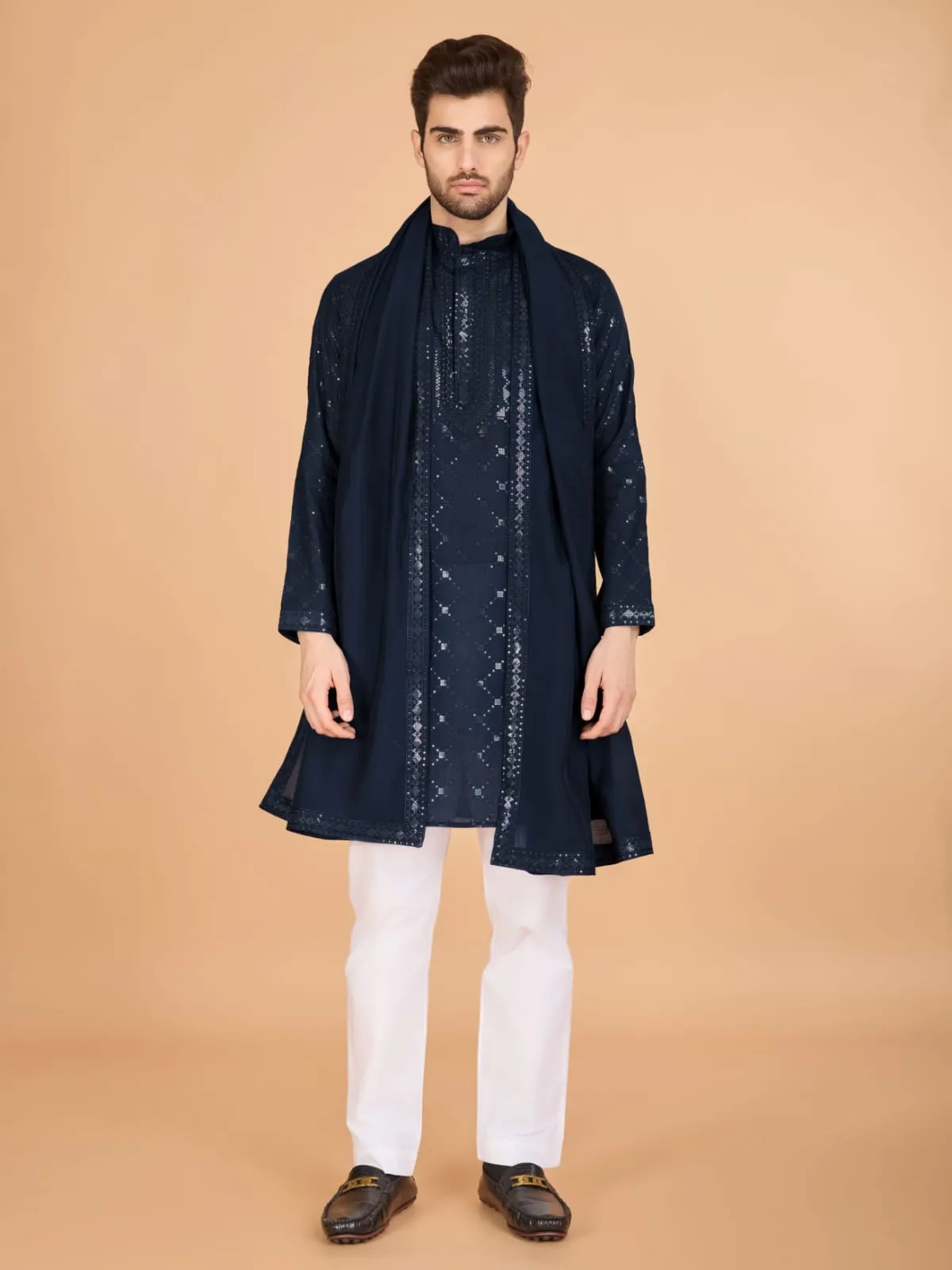Nevy Blue Colour Viscose Silk Heavy Thread Work Kurta Payjama
