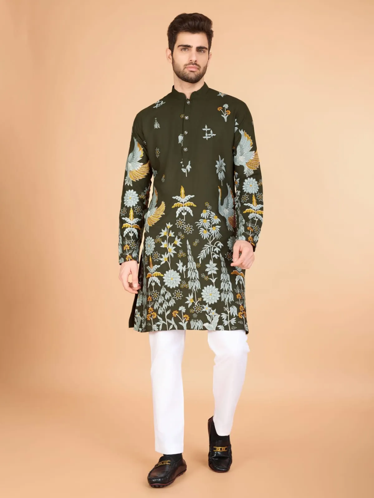 Olive Colour Soft Viscose Reyon Silk Heritage Style With Heavy Thread Work With Sequines Work Kurta Payjama