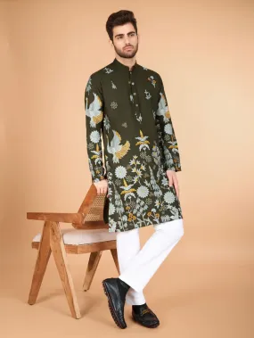 Olive Colour Soft Viscose Reyon Silk Heritage Style With Heavy Thread Work With Sequines Work Kurta Payjama