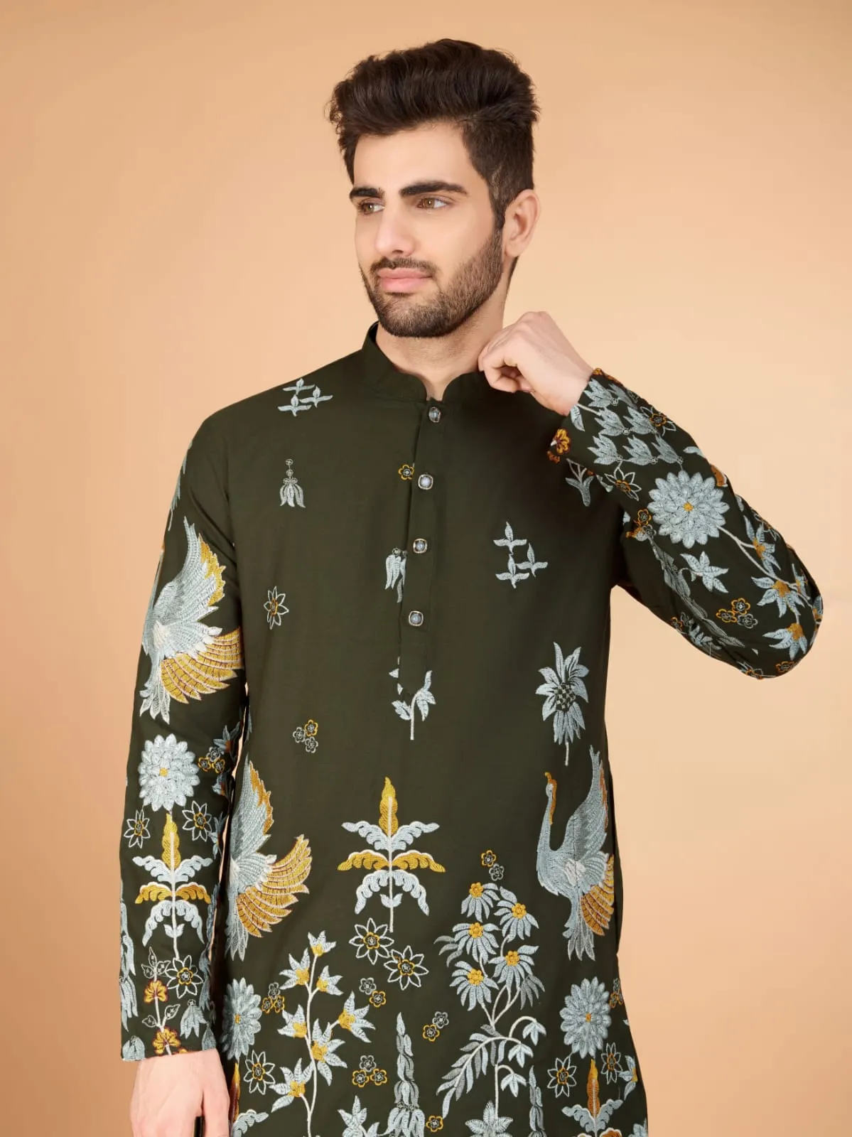 Olive Colour Soft Viscose Reyon Silk Heritage Style With Heavy Thread Work With Sequines Work Kurta Payjama