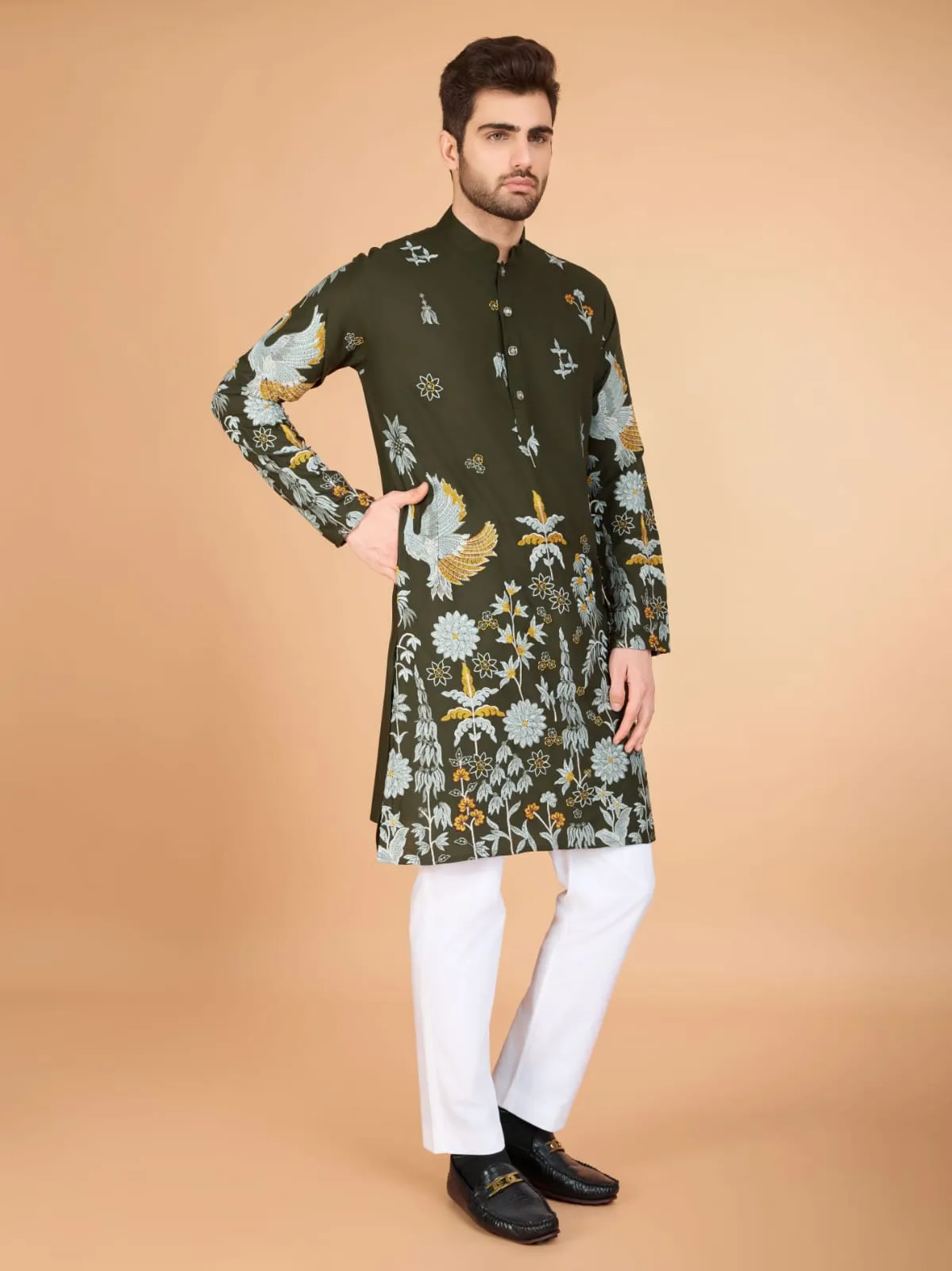 Olive Colour Soft Viscose Reyon Silk Heritage Style With Heavy Thread Work With Sequines Work Kurta Payjama