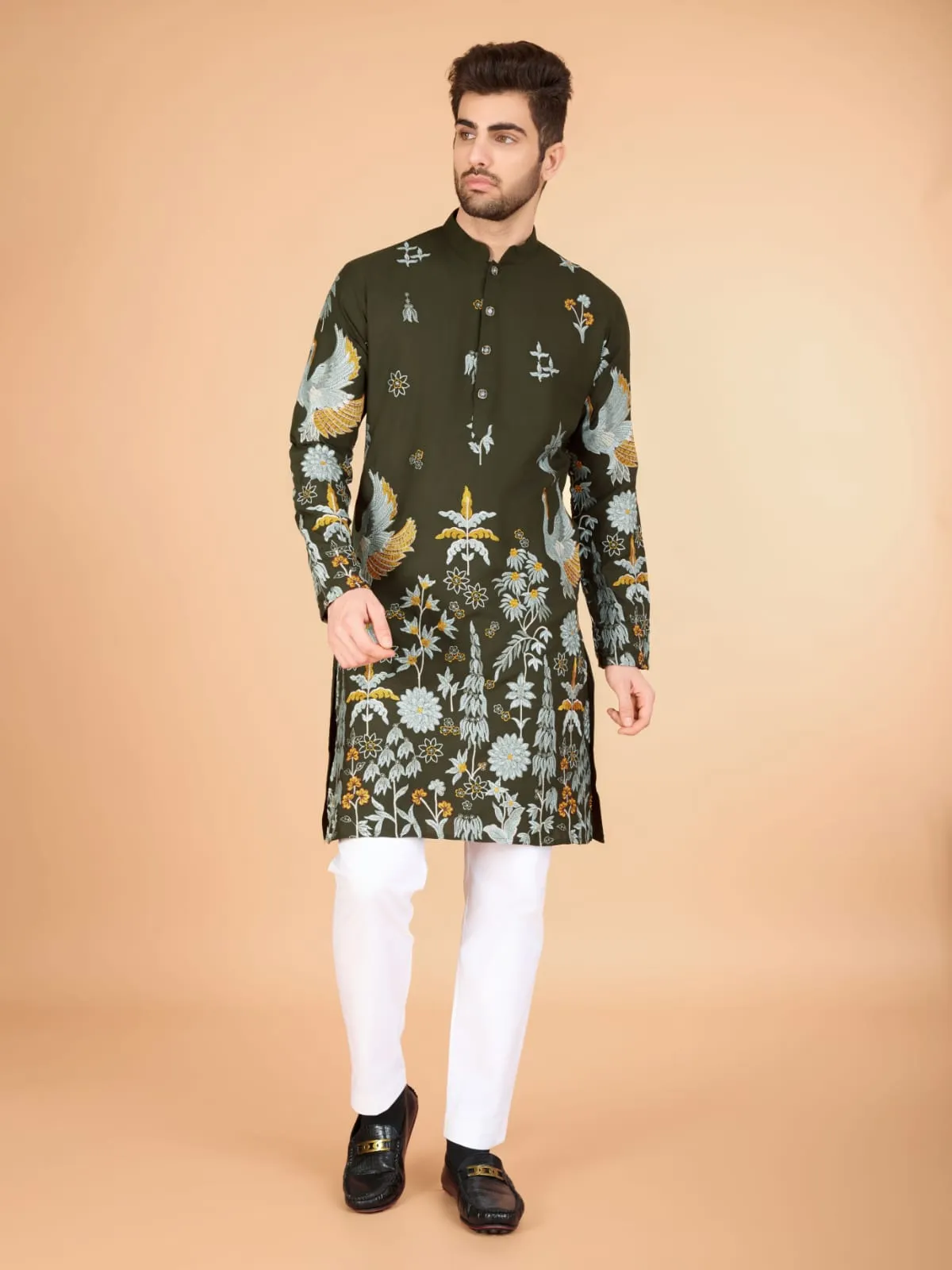 Olive Colour Soft Viscose Reyon Silk Heritage Style With Heavy Thread Work With Sequines Work Kurta Payjama