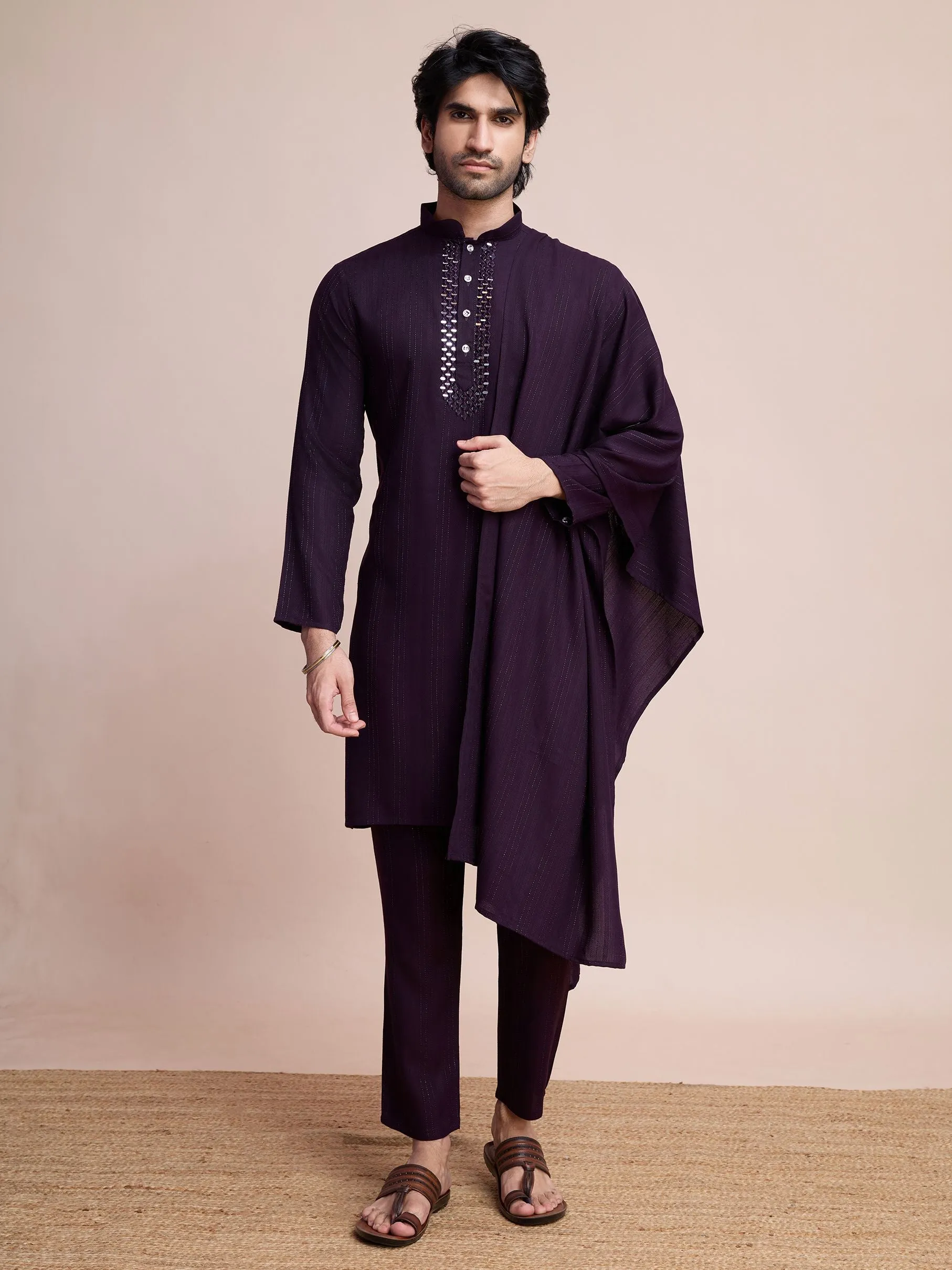 Purple Colour Viscose Silk With Heavy Mirror Work Kurta Payjama