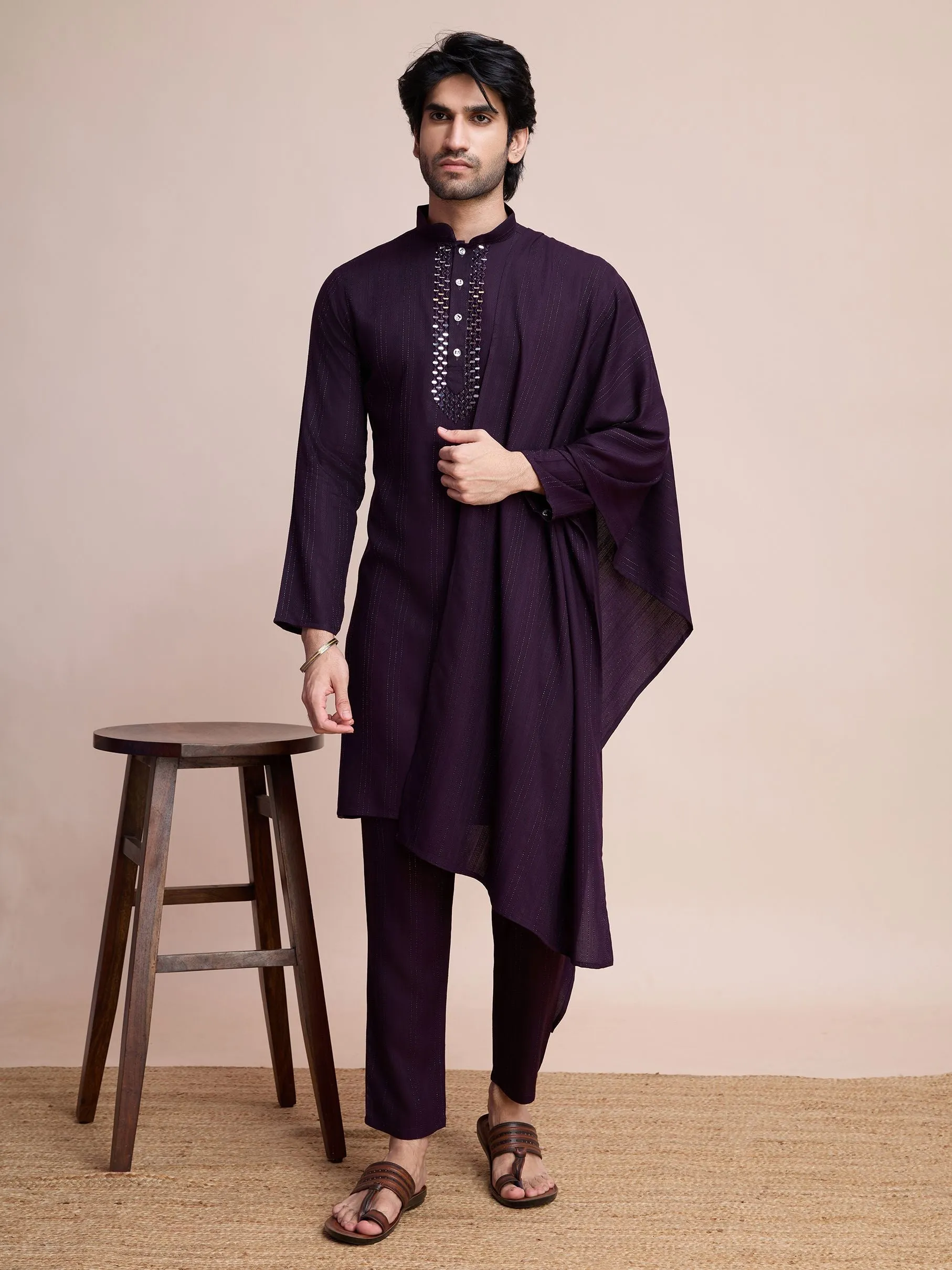 Purple Colour Viscose Silk With Heavy Mirror Work Kurta Payjama