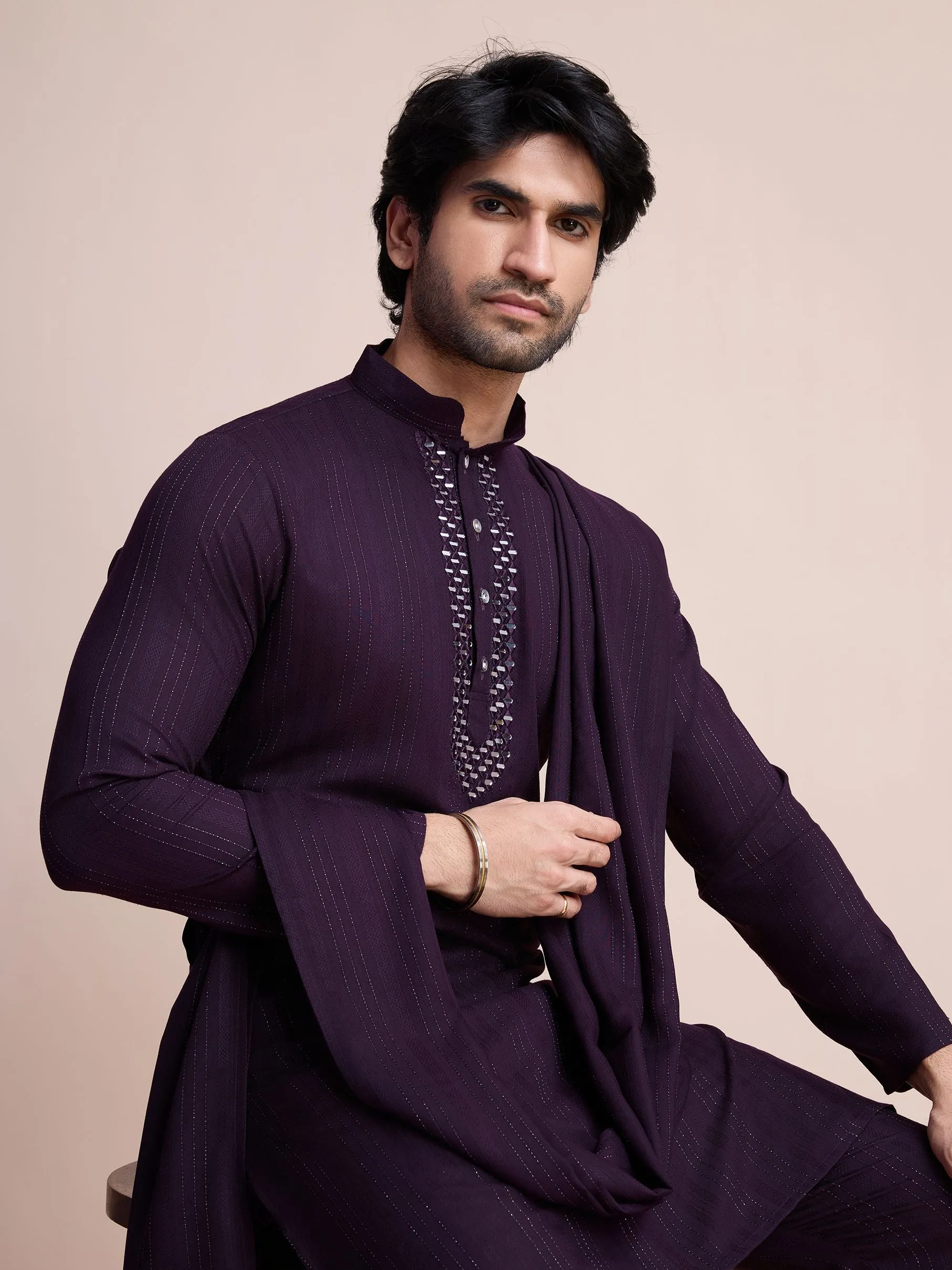 Purple Colour Viscose Silk With Heavy Mirror Work Kurta Payjama