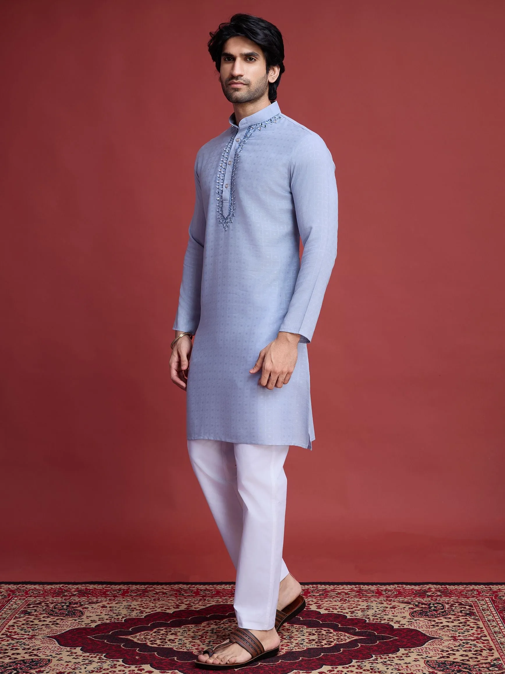 Sky Blue Colour Reyon Silk With Mirror Work Kurta Payjama