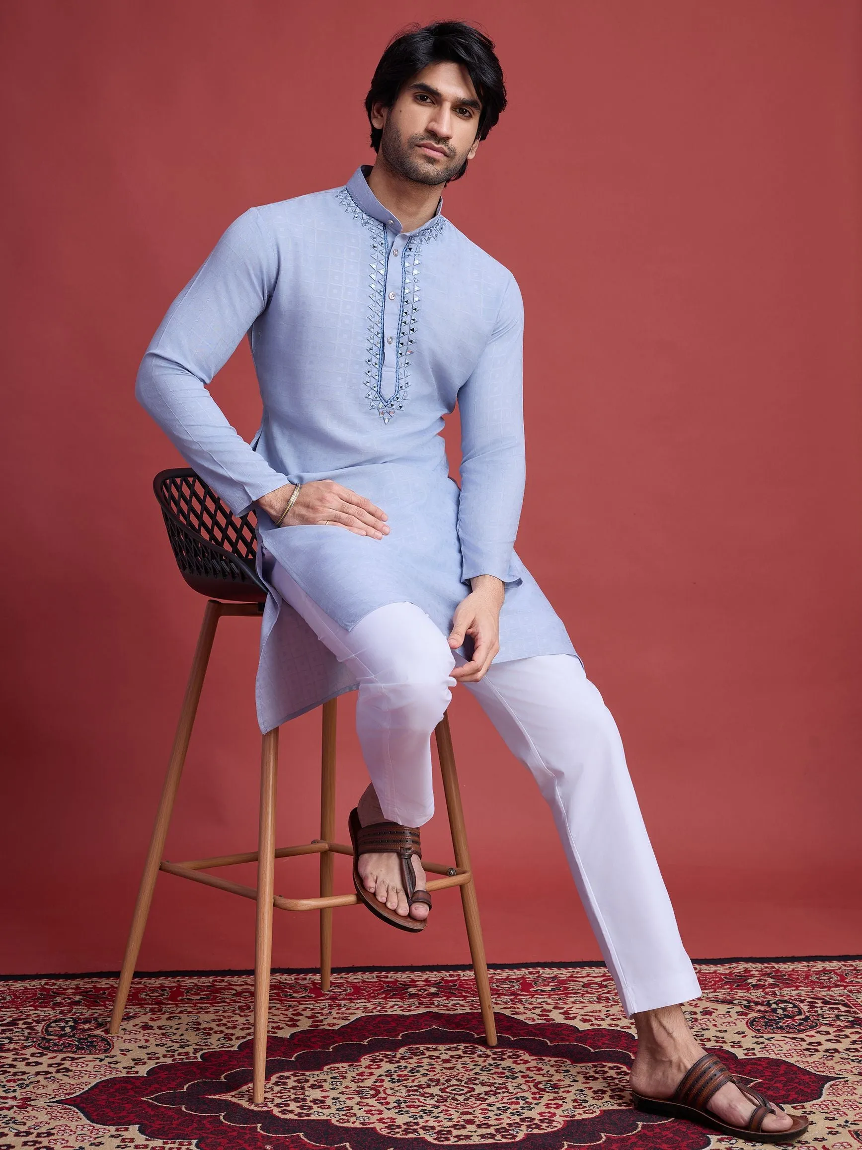 Sky Blue Colour Reyon Silk With Mirror Work Kurta Payjama