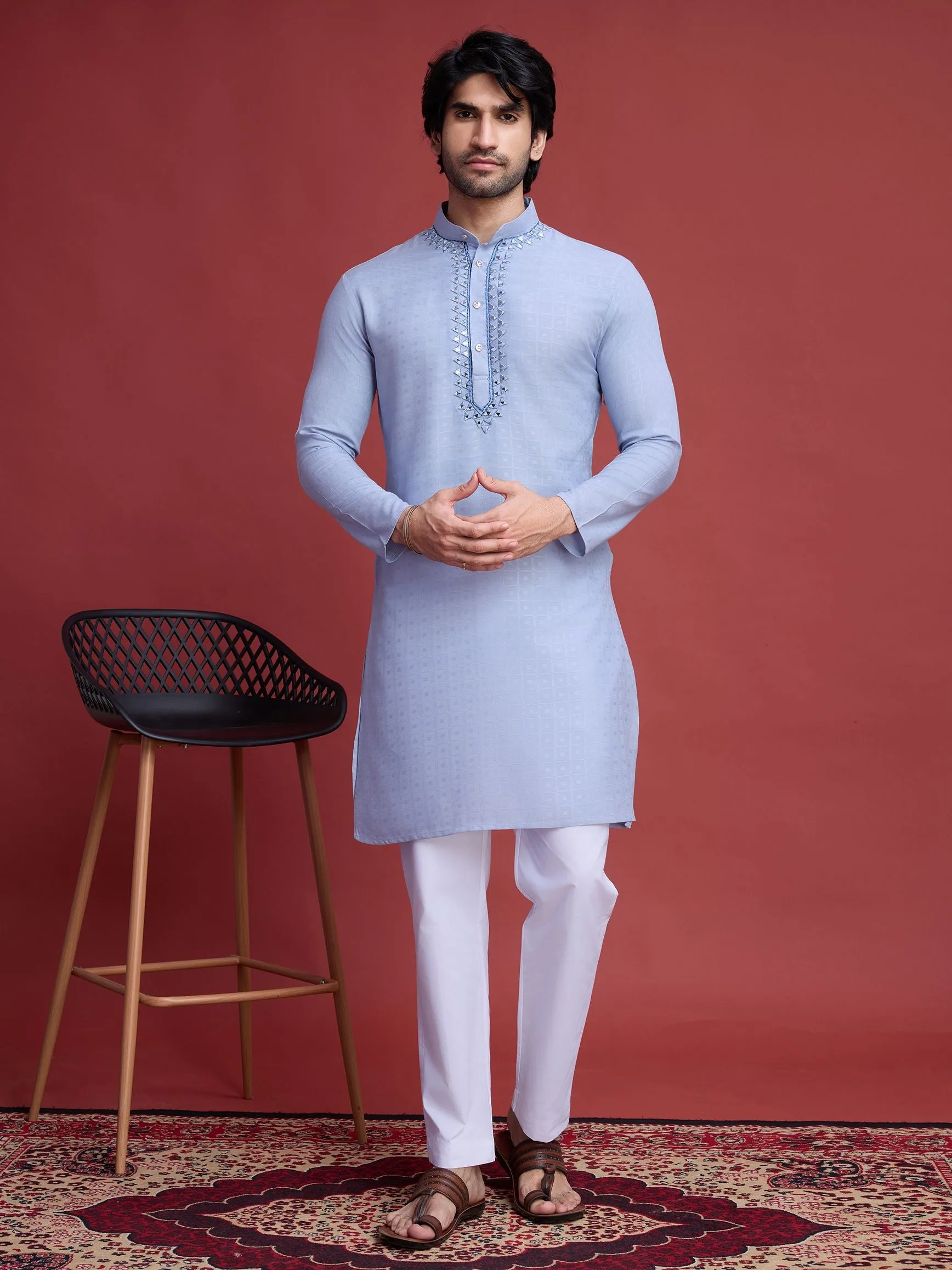 Sky Blue Colour Reyon Silk With Mirror Work Kurta Payjama