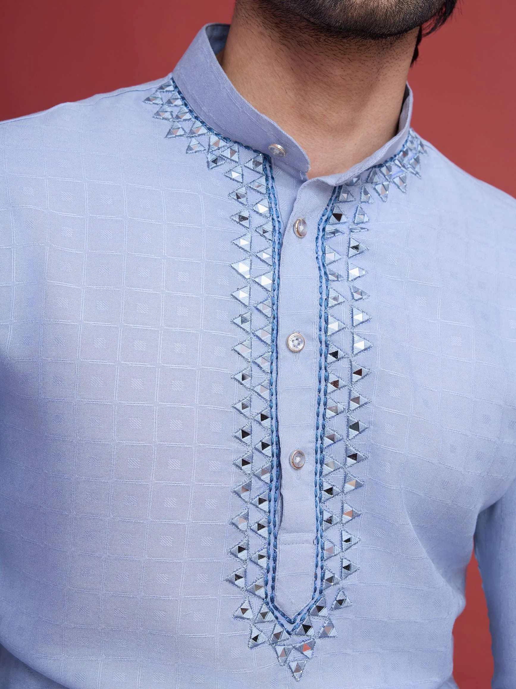 Sky Blue Colour Reyon Silk With Mirror Work Kurta Payjama