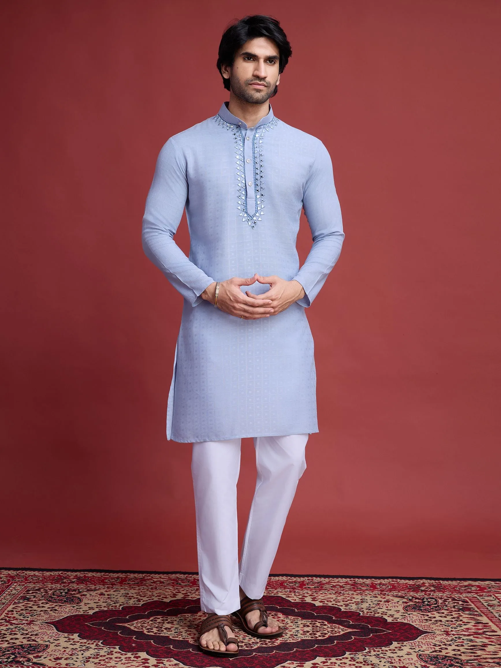 Sky Blue Colour Reyon Silk With Mirror Work Kurta Payjama