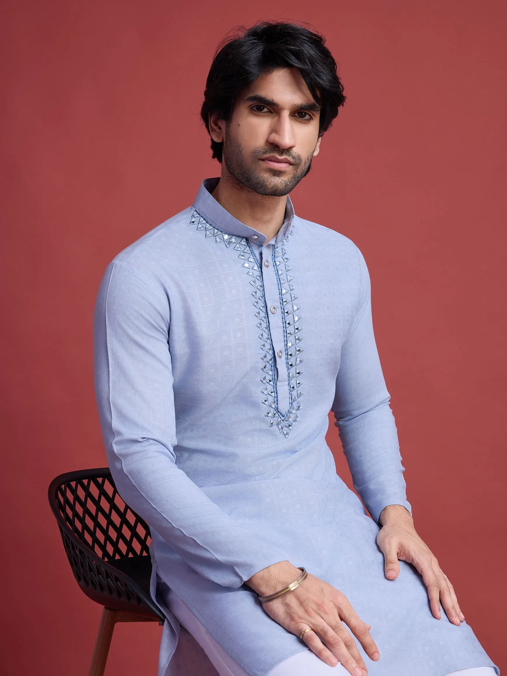 Sky Blue Colour Reyon Silk With Mirror Work Kurta Payjama