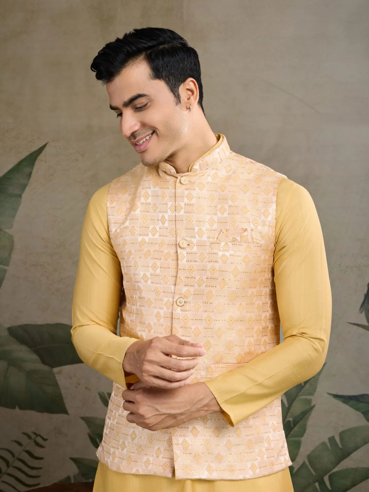 Yellow Viscose Silk Heavy Sequin Work Kurta Pajama & Koti Jacket