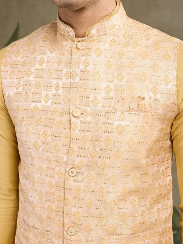 Yellow Viscose Silk Heavy Sequin Work Kurta Pajama & Koti Jacket