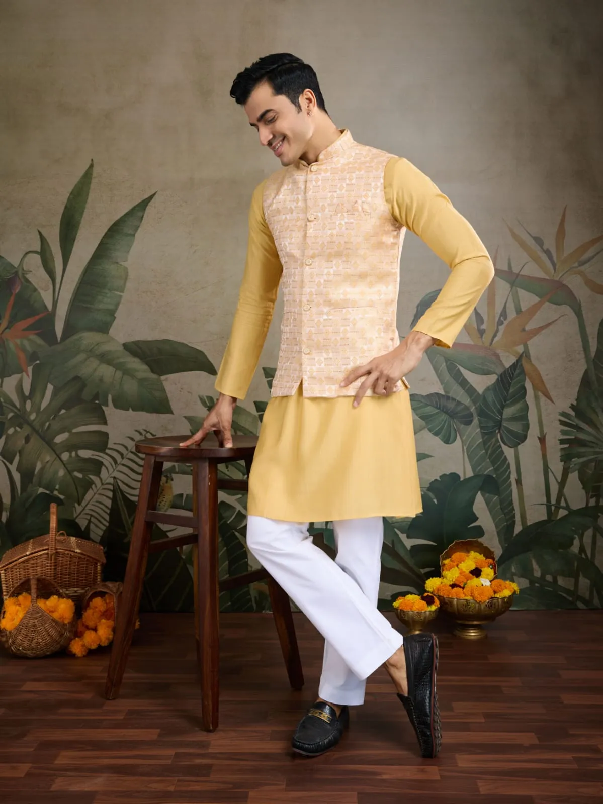 Yellow Viscose Silk Heavy Sequin Work Kurta Pajama & Koti Jacket