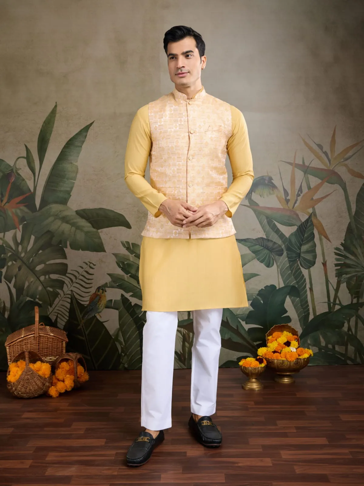 Yellow Viscose Silk Heavy Sequin Work Kurta Pajama & Koti Jacket
